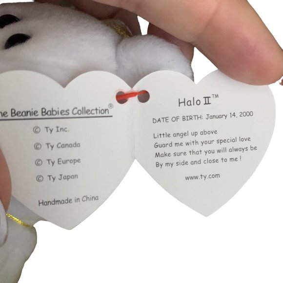 RARE HALO II Angel Bear TY Beanie White Gold Wings Brown Nose PE Pellets 2000 - Picture 5 of 7